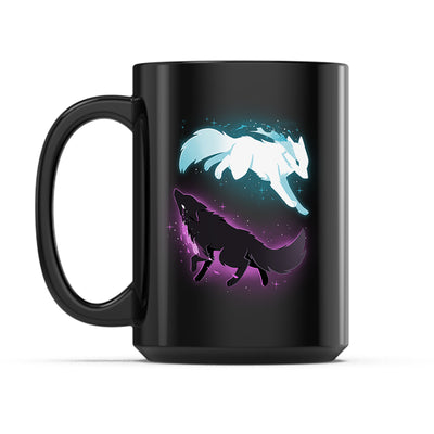 Ceramic Mug_TeeTurtle Celestial Spirits black mug featuring a white celestial wolf and black celestial wolf chasing each other in a circle in space. 