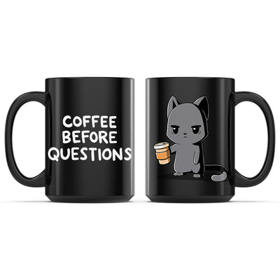 Ceramic Mug_TeeTurtle Coffee Before Questions black mug featuring a grumpy cat holding a cup of coffee.