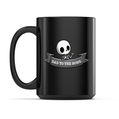 Ceramic Mug_TeeTurtle Dad to the Bone black mug featuring a skeleton making finger guns.
