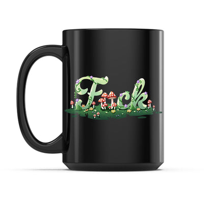 Ceramic Mug_TeeTurtle Floral F*ck black mug featuring plants and mushrooms spelling out, "fuck" with mushrooms in place of the letter U.