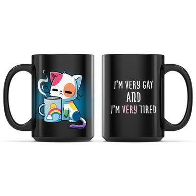 Ceramic Mug_TeeTurtle I’m Very Gay and Very Tired black mug featuring a tired rainbow cat draped over a coffee mug.