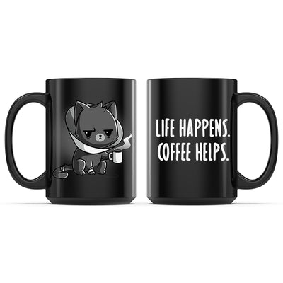 Ceramic Mug_TeeTurtle Life Happens. Coffee Helps. black mug featuring a grumpy cat wearing a cone holding a cup of coffee.