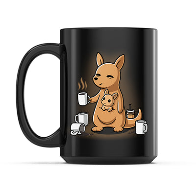 Ceramic Mug_Mom’s Morning Coffee black mug featuring a mother kangaroo holding a cup of coffee.