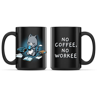 Ceramic Mug_TeeTurtle No Coffee, No Workee black mug featuring a cat drinking coffee surrounded by papers and books.