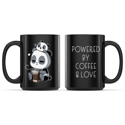 Ceramic Mug_TeeTurtle Powered by Coffee & Love black mug featuring a parent panda holding a cup of coffee and baby panda on its parent's head.