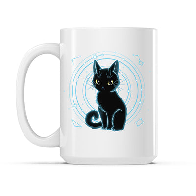 Ceramic Mug_TeeTurtle Celestial Cat white mug featuring a black cat surrounded by celestial symbols.