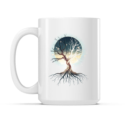 Ceramic Mug_TeeTurtle Celestial Tree white mug featuring a tree framing the full moon with its branches.