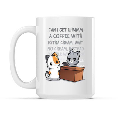Ceramic Mug_TeeTurtle Eternal Coffee Order white mug featuring a cat making an eternally long coffee order to a barista.