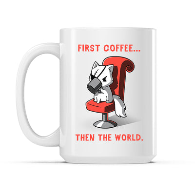 Ceramic Mug_TeeTurtle First Coffee... Then the World white mug featuring a cat with an eyepatch over a scarred eye drinking coffee.