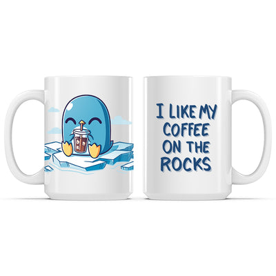 Ceramic Mug_TeeTurtle I Like My Coffee on the Rocks white mug featuring a penguin drinking coffee on an iceberg.