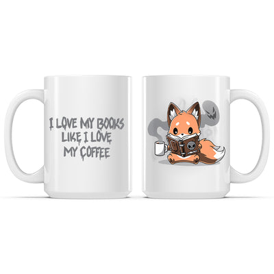 Ceramic Mug_TeeTurtle I Love My Books Like I Love My Coffee white mug featuring a fox holding a cup of coffee while reading a book with a skull on it.