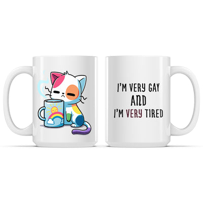 Ceramic Mug_TeeTurtle I’m Very Gay and Very Tired white mug featuring a tired rainbow cat draped over a coffee mug.
