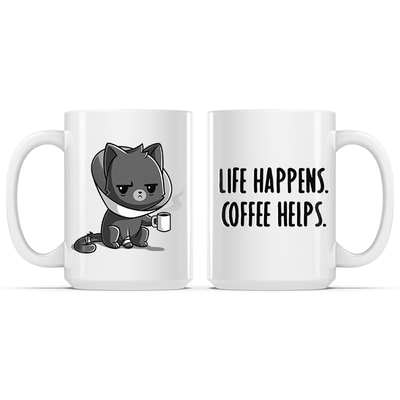 Ceramic Mug_TeeTurtle Life Happens. Coffee Helps. white mug featuring a grumpy cat wearing a cone holding a cup of coffee.