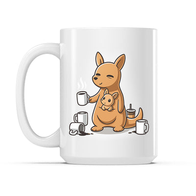 Ceramic Mug_Mom’s Morning Coffee white mug featuring a mother kangaroo holding a cup of coffee.