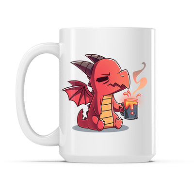 Ceramic Mug_TeeTurtle Morning Magma white mug featuring a sleepy dragon holding a cup of coffee.