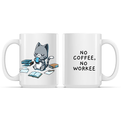 Ceramic Mug_TeeTurtle No Coffee, No Workee white mug featuring a cat drinking coffee surrounded by papers and books.