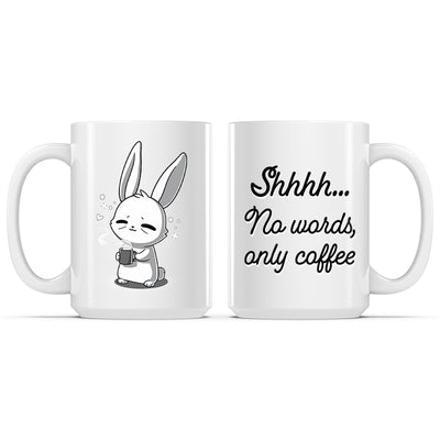 Ceramic Mug_TeeTurtle No Words, Only Coffee white featuring a tired bunny inhaling the scent of coffee with a relieved expression.
