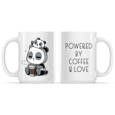 Ceramic Mug_TeeTurtle Powered by Coffee & Love white mug featuring a parent panda holding a cup of coffee and baby panda on its parent's head.