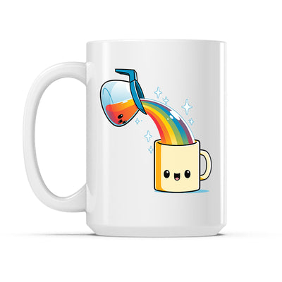 Ceramic Mug_TeeTurtle Coffee is Magic white mug featuring a smiling coffee cup pouring a rainbow into a coffee mug.