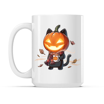 Ceramic Mug_TeeTurtle Ready for Fall white mug featuring a black cat wearing a pumpkin holding a cup of coffee.
