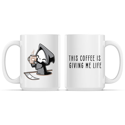 Ceramic Mug_TeeTurtle This Coffee Is Giving Me Life white mug featuring the Grim Reaper holding up a cup of coffee.