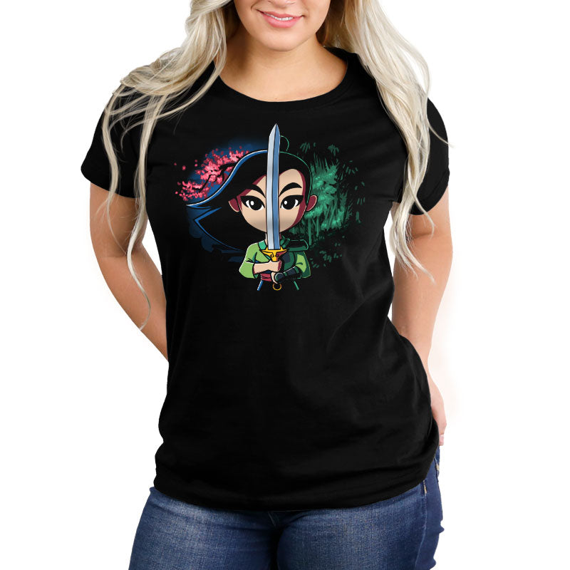 An officially licensed Disney black women's t-shirt featuring an image of Mulan with the Double-Edged Sword.