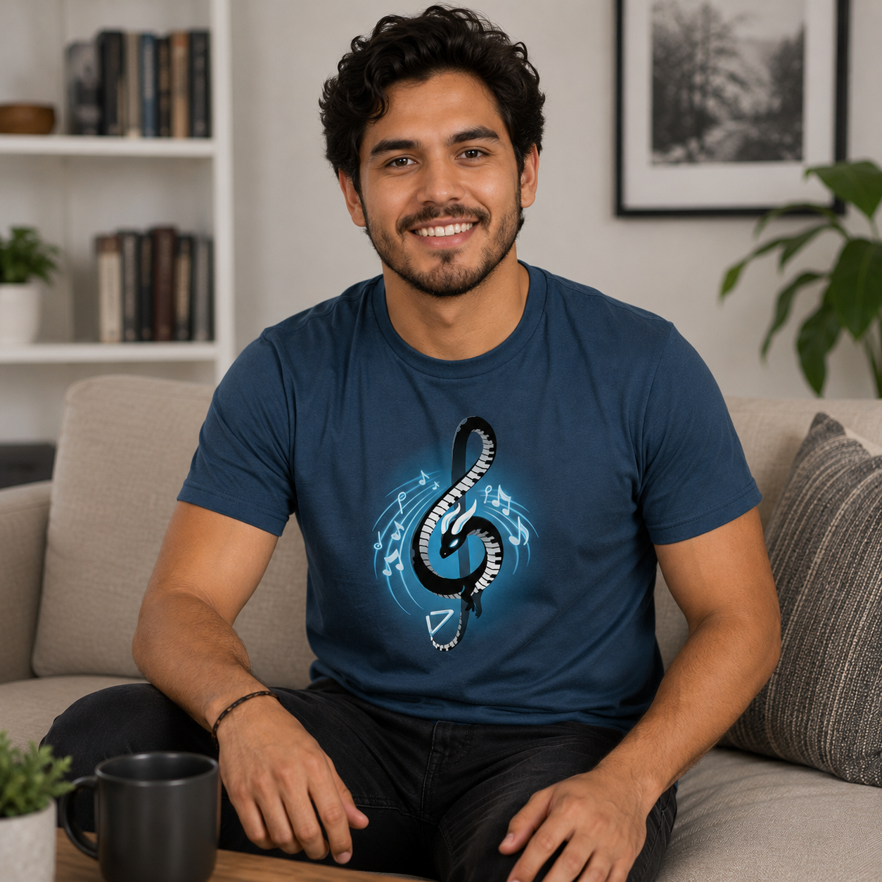 Premium Cotton T-shirt_TeeTurtle Musical Dragon denim blue t-shirt featuring a serpent-shaped musical dragon with piano key scales and white horns forming a treble clef, surrounded by musical notes on a dark blue background.