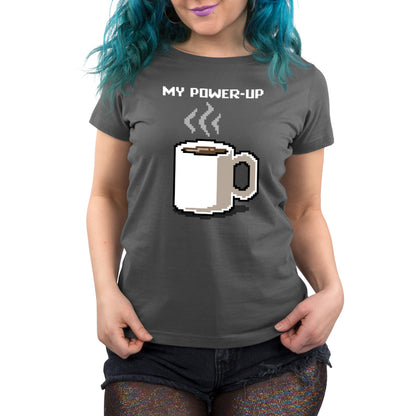 A woman wearing a My Power-Up T-shirt fueled by her morning coffee addiction from TeeTurtle.