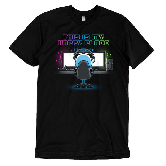 A TeeTurtle original T-shirt featuring My Rig is My Happy Place by TeeTurtle, with a man sitting at a computer.