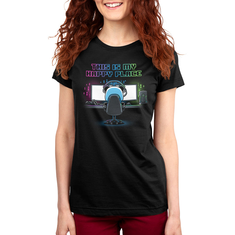 A woman wearing a black T-shirt with the text "My Rig is My Happy Place" from TeeTurtle.