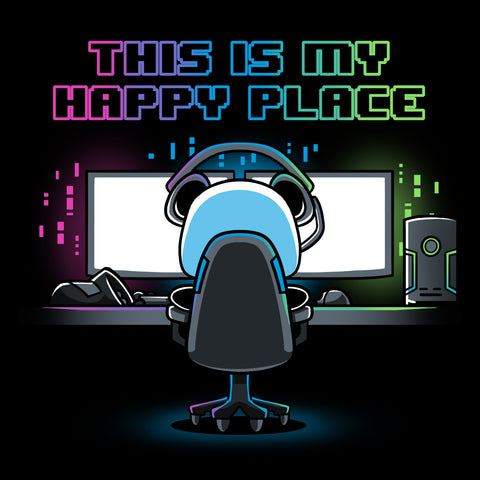 square-image-grid-Premium Cotton T-shirt_Illustration of a person sitting at a computer desk with multiple monitors, wearing a headset and a black apparel. Above them, text reads "My Rig is My Happy Place" by monsterdigital in colorful neon letters.