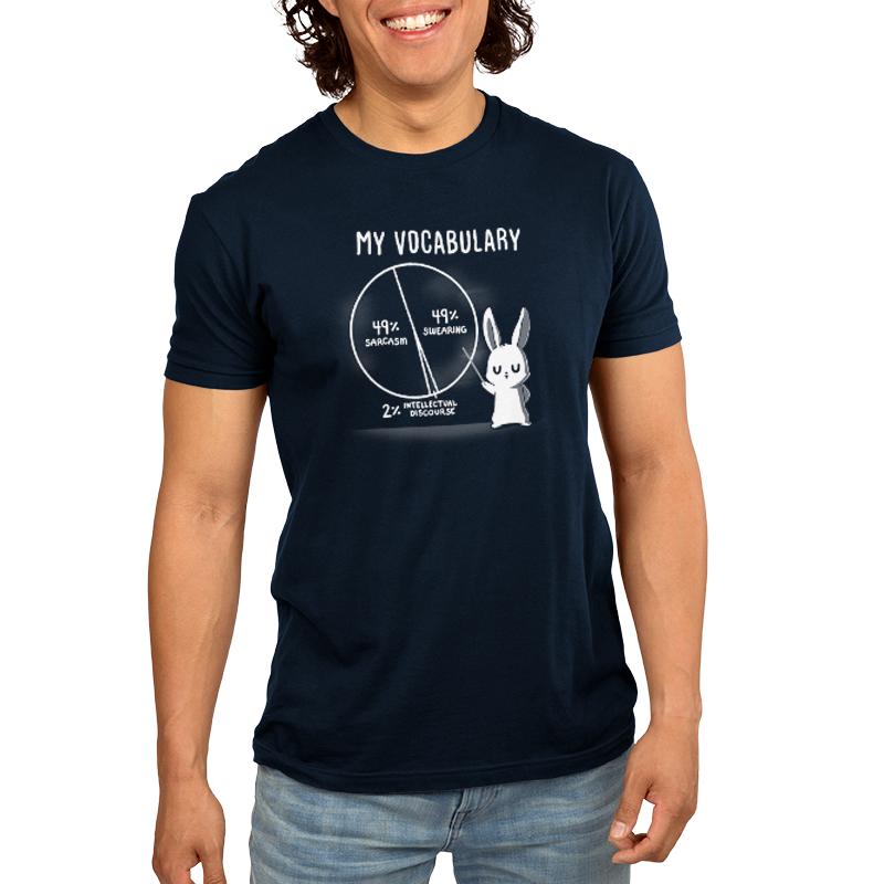 A man wearing a TeeTurtle My Vocabulary t-shirt in navy blue that says i'm a rabbit with witty banter.