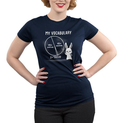 A TeeTurtle woman wearing a My Vocabulary-filled t-shirt.