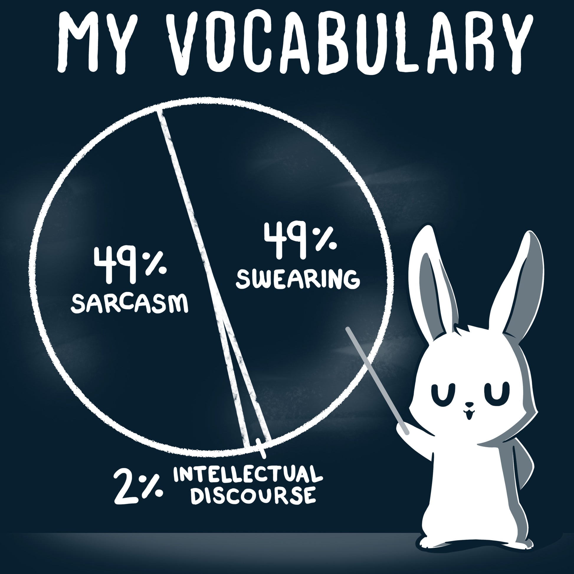 A pie chart labeled "My Vocabulary" showing 49% sarcasm, 49% swearing, and 2% intellectual discourse is printed on a Navy Blue My Vocabulary t-shirt made of Super Soft Ringspun Cotton by monsterdigital. A cartoon rabbit with a pointer stands next to the chart.