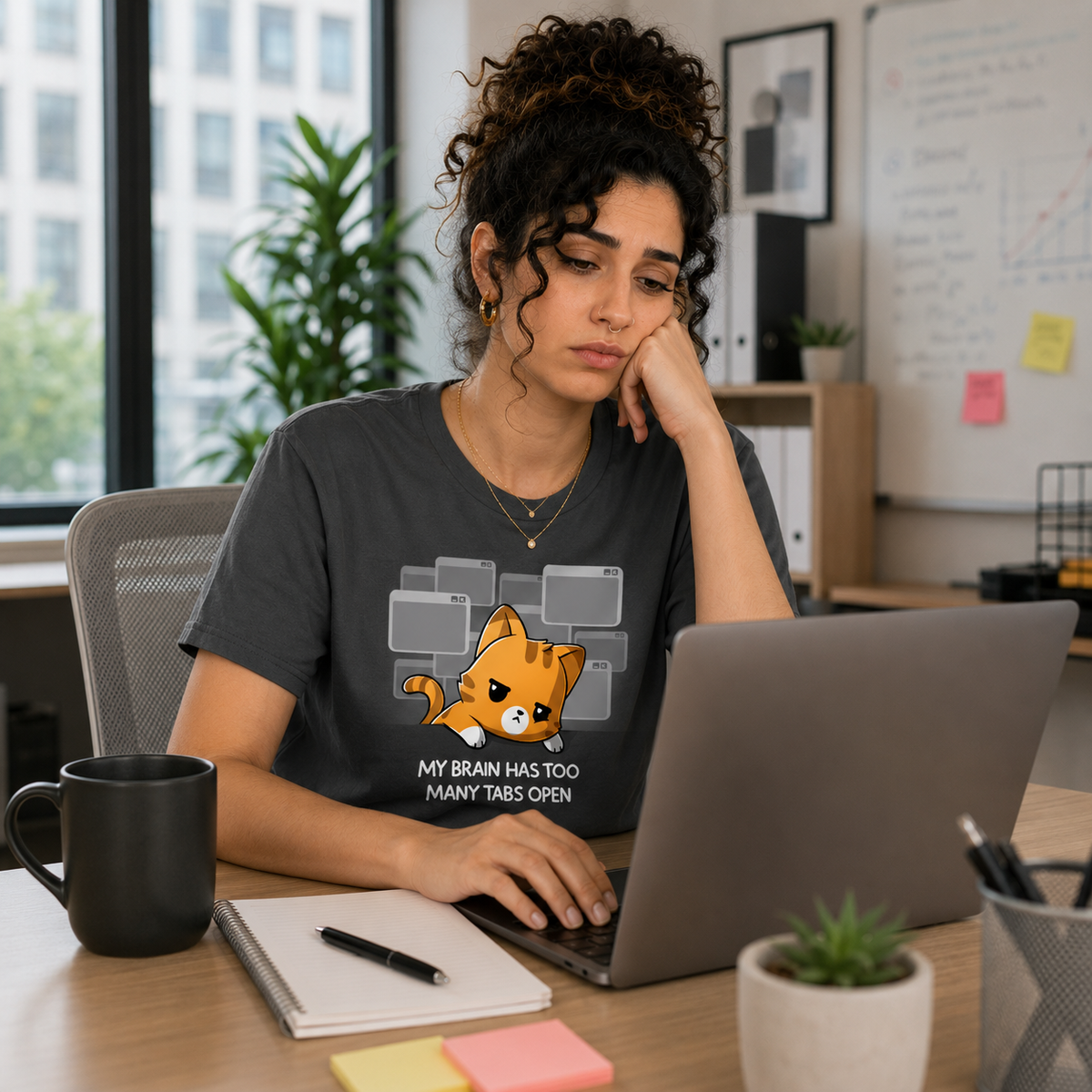 Women's Premium T-shirt_TeeTurtle charcoal My Brain Has Too Many Tabs Open Premium Cotton T-shirt featuring an overwhelmed orange cat with a serious expression leaning on a table with a bunch of browser tabs open behind them. Text at the bottom reads "My Brain Has Too Many Tabs Open." 