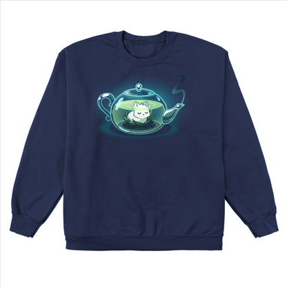 Crew Neck Sweatshirt_TeeTurtle navy blue My Inner Tranquili-Tea apparel featuring a white cat sitting in the middle of a green lotus blossom inside a transparent, steaming teapot.