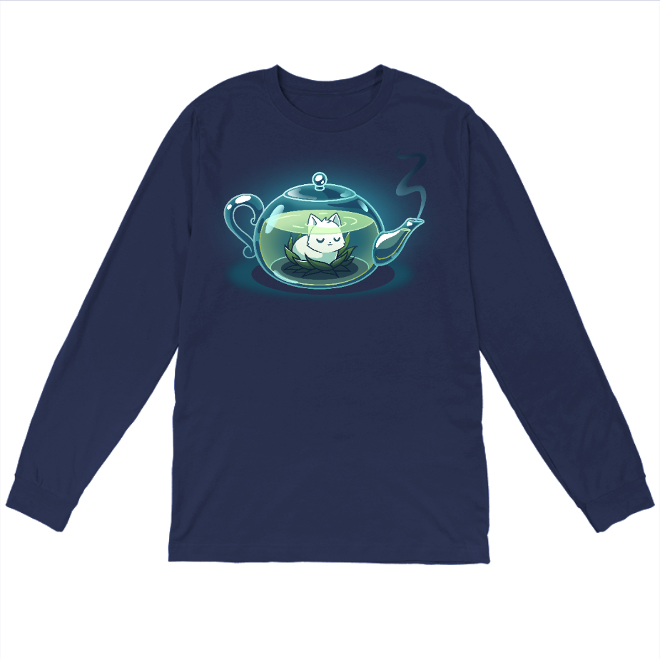 Long Sleeve T-shirt_TeeTurtle navy blue My Inner Tranquili-Tea apparel featuring a white cat sitting in the middle of a green lotus blossom inside a transparent, steaming teapot.