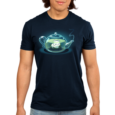 Premium Cotton T-shirt_TeeTurtle navy blue My Inner Tranquili-Tea apparel featuring a white cat sitting in the middle of a green lotus blossom inside a transparent, steaming teapot.