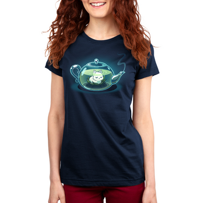 Premium Cotton T-shirt_TeeTurtle navy blue My Inner Tranquili-Tea apparel featuring a white cat sitting in the middle of a green lotus blossom inside a transparent, steaming teapot.