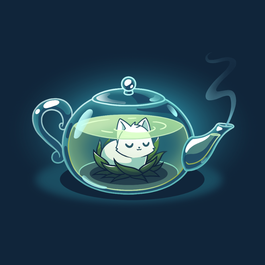 Long Sleeve T-shirt_TeeTurtle navy blue My Inner Tranquili-Tea apparel featuring a white cat sitting in the middle of a green lotus blossom inside a transparent, steaming teapot.