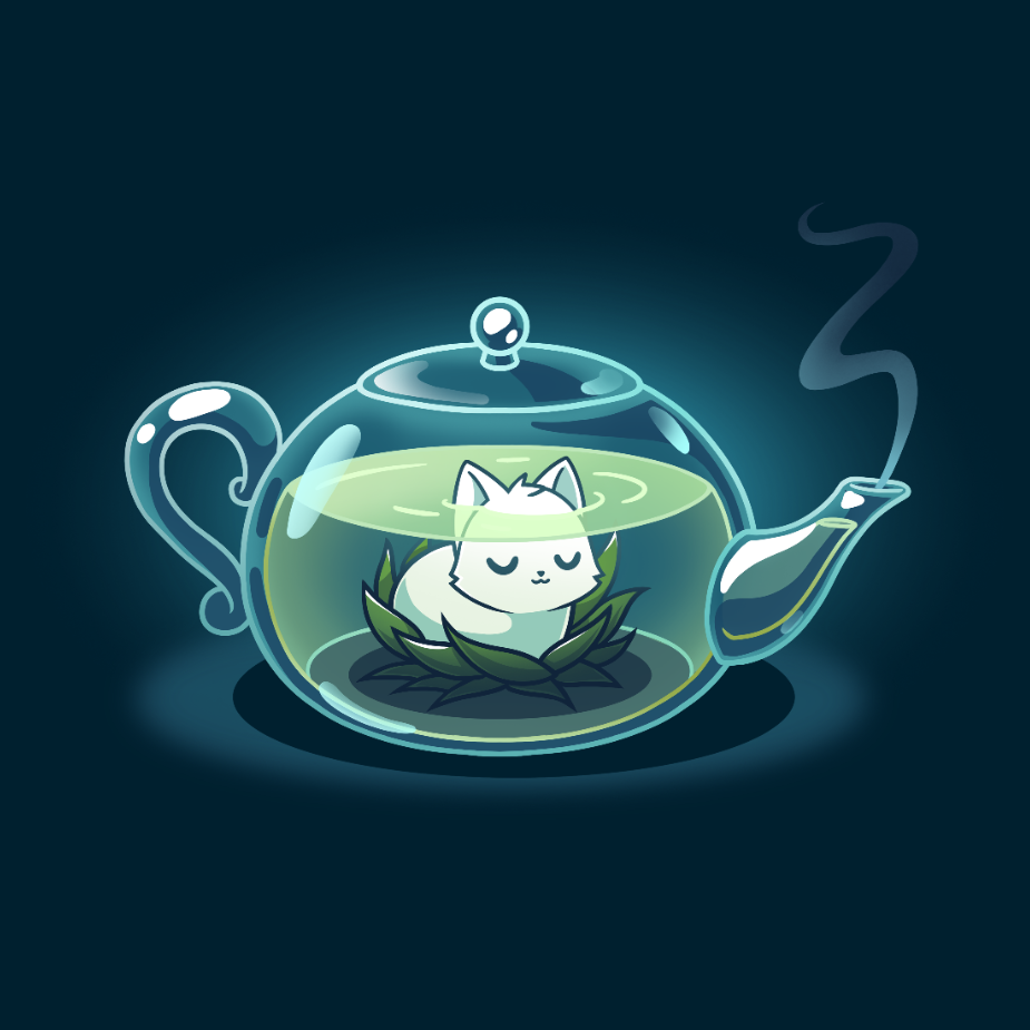 Premium Cotton T-shirt_TeeTurtle navy blue My Inner Tranquili-Tea apparel featuring a white cat sitting in the middle of a green lotus blossom inside a transparent, steaming teapot.