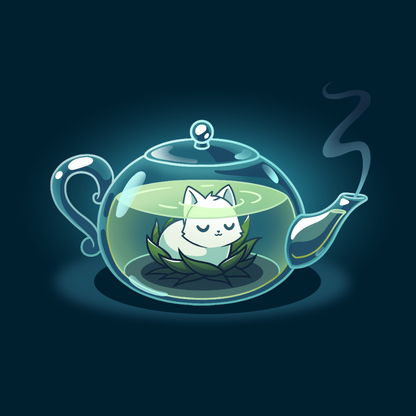 Premium Cotton T-shirt_TeeTurtle navy blue My Inner Tranquili-Tea apparel featuring a white cat sitting in the middle of a green lotus blossom inside a transparent, steaming teapot.