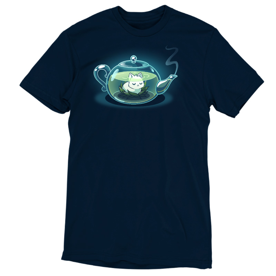 Premium Cotton T-shirt_TeeTurtle navy blue My Inner Tranquili-Tea apparel featuring a white cat sitting in the middle of a green lotus blossom inside a transparent, steaming teapot.
