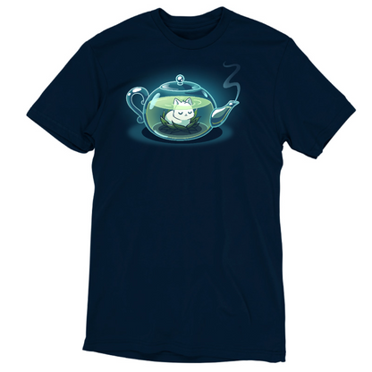 Premium Cotton T-shirt_TeeTurtle navy blue My Inner Tranquili-Tea apparel featuring a white cat sitting in the middle of a green lotus blossom inside a transparent, steaming teapot.