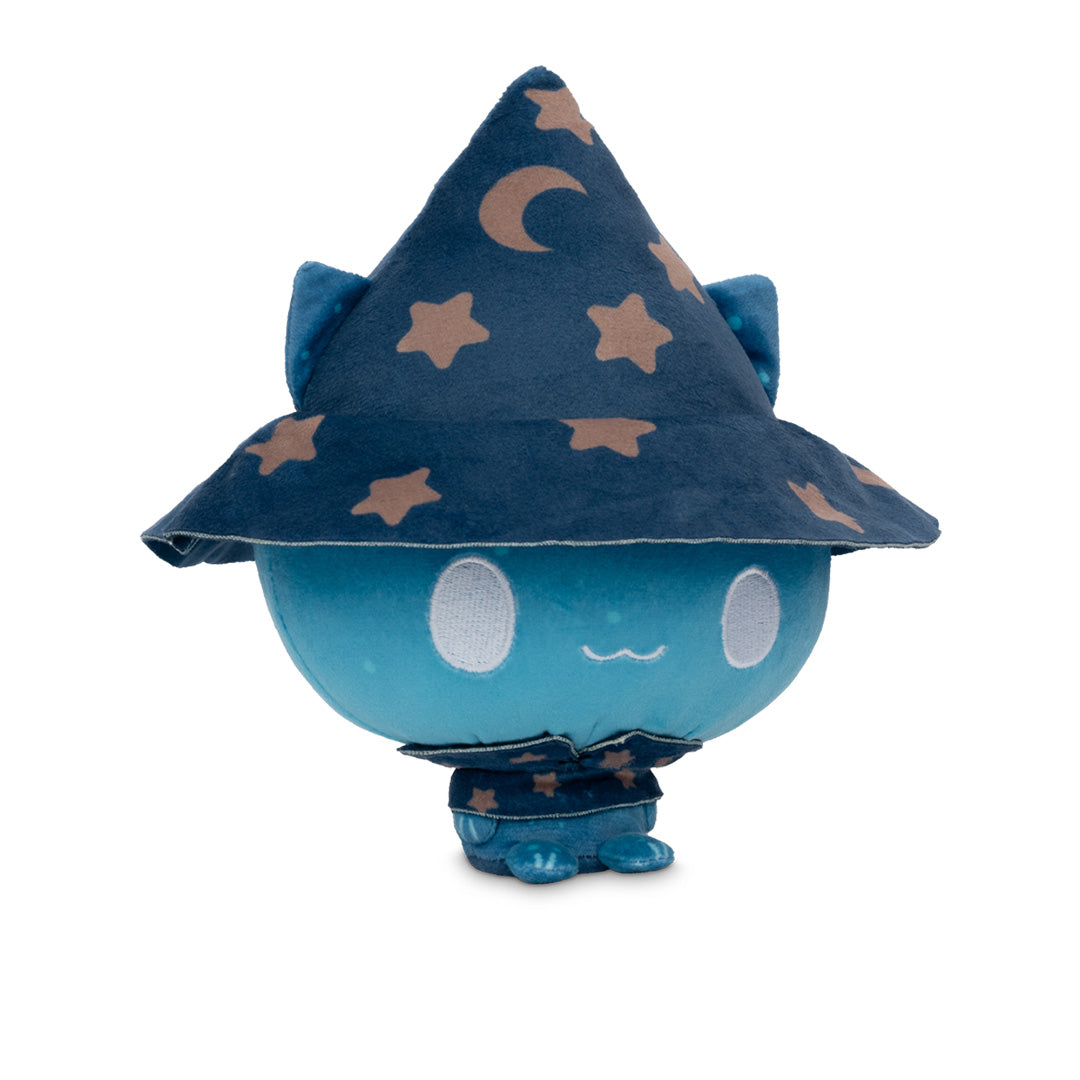 Cloudheads: 5" Mystic Moon (Eclipse) - A blue plush cat wearing a dark blue witch hat with tan stars and crescent moon patterns, shown on a white background 