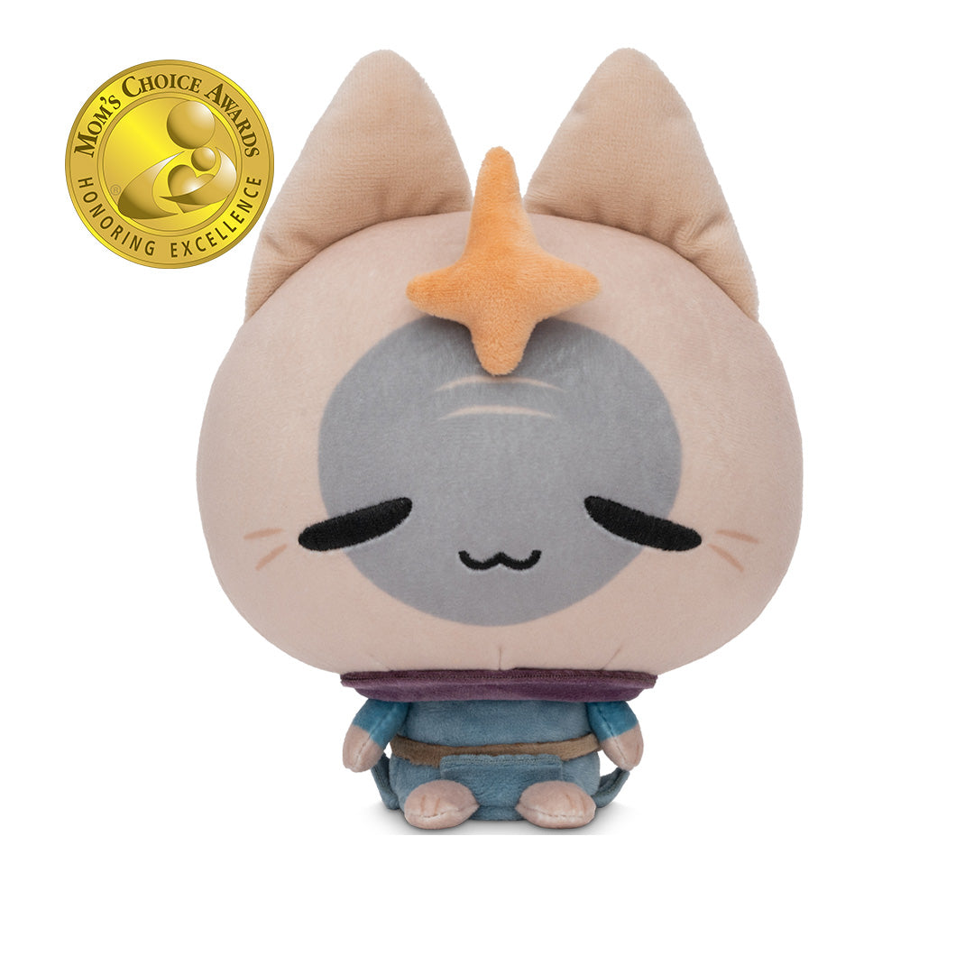Cloudheads: 5" Mystic Moon (Elder Witch) - A plush cat with a beige head, gray face, orange star on its forehead, and a blue outfit, shown on a white background with a gold Mom's Choice Award badge in the top left corner.