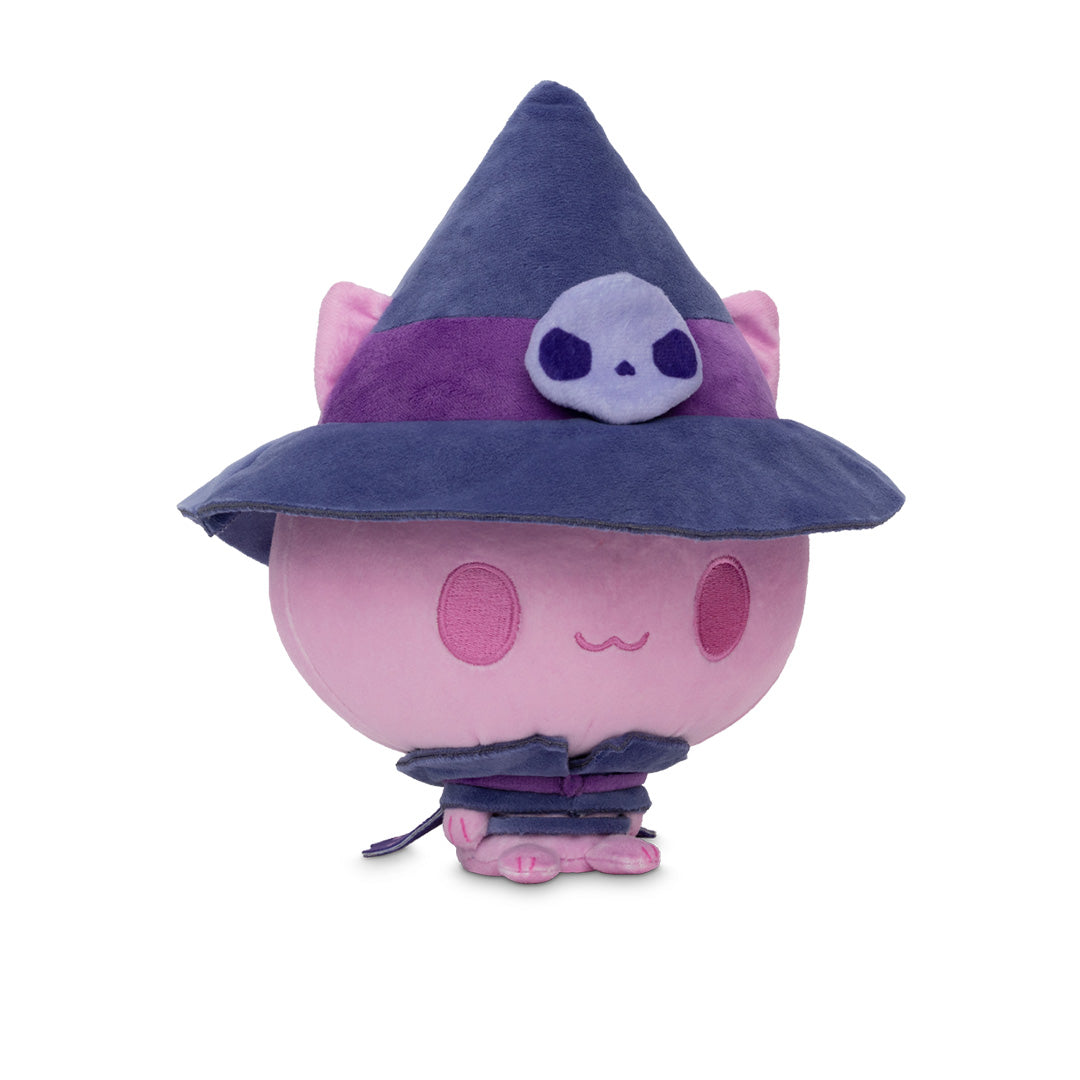 Cloudheads: 5" Mystic Moon (Jinx) - A pink plush cat with a witch hat, featuring a purple band with a white skull and a small purple sash, shown on a white background 