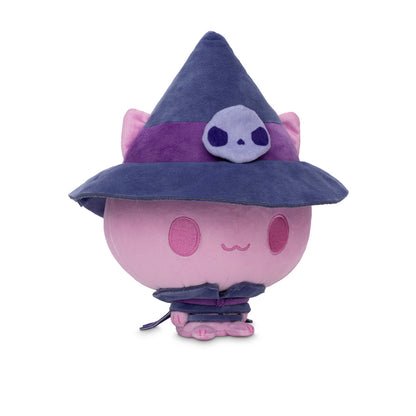 Cloudheads: 5" Mystic Moon (Jinx) - A pink plush cat with a witch hat, featuring a purple band with a white skull and a small purple sash, shown on a white background 