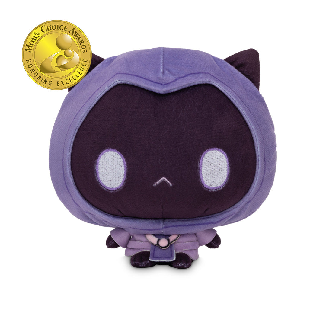 Cloudheads: 5" Mystic Moon (Phantom). A purple and dark purple plush cat with large white oval eyes, and a small stitched frown, shown on a plain white background with a gold Mom's Choice Awards badge in the top-left corner.