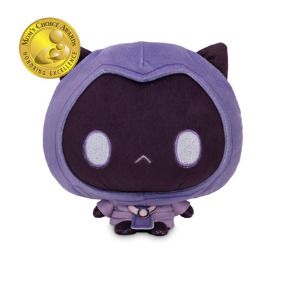 Cloudheads: 5" Mystic Moon (Phantom). A purple and dark purple plush cat with large white oval eyes, and a small stitched frown, shown on a plain white background with a gold Mom's Choice Awards badge in the top-left corner.